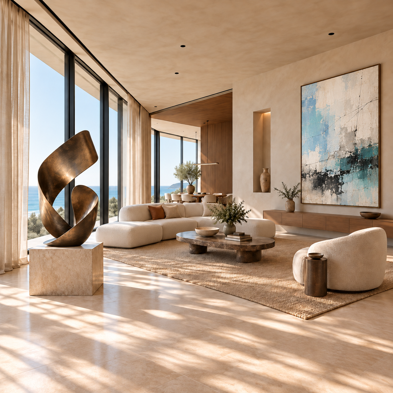 Sunlit contemporary interior with a bronze ribbon sculpture and a layered aqua abstract painting